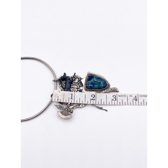 925 Sterling Silver Azurite Necklace Medieval Axe Shield Stag Mythical Fantasy - Picture 7 of 11